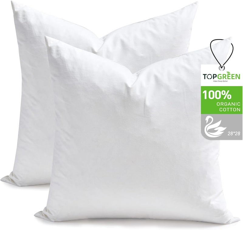 TOPGREEN Feathers Down Throw Pillow Inserts 28x28, Set of 2, 100% Organic Cotton Shell, Soft Decorative Euro Pillow Insert for Living Room Sofa, Couch, or Bed (White) - Image 1